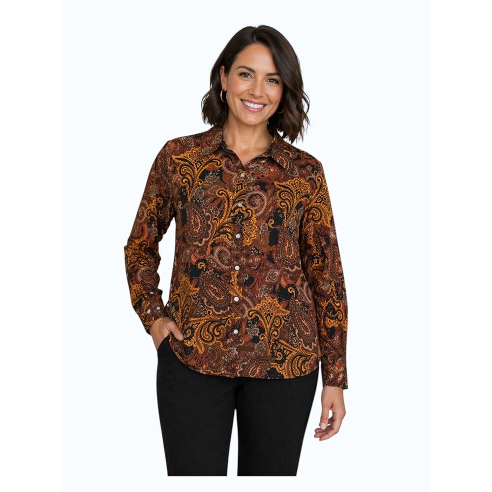 Ruby Rd Paisley Button Up Blouse Size 10 NWT Wrinkle Resistant Brown Gold Top